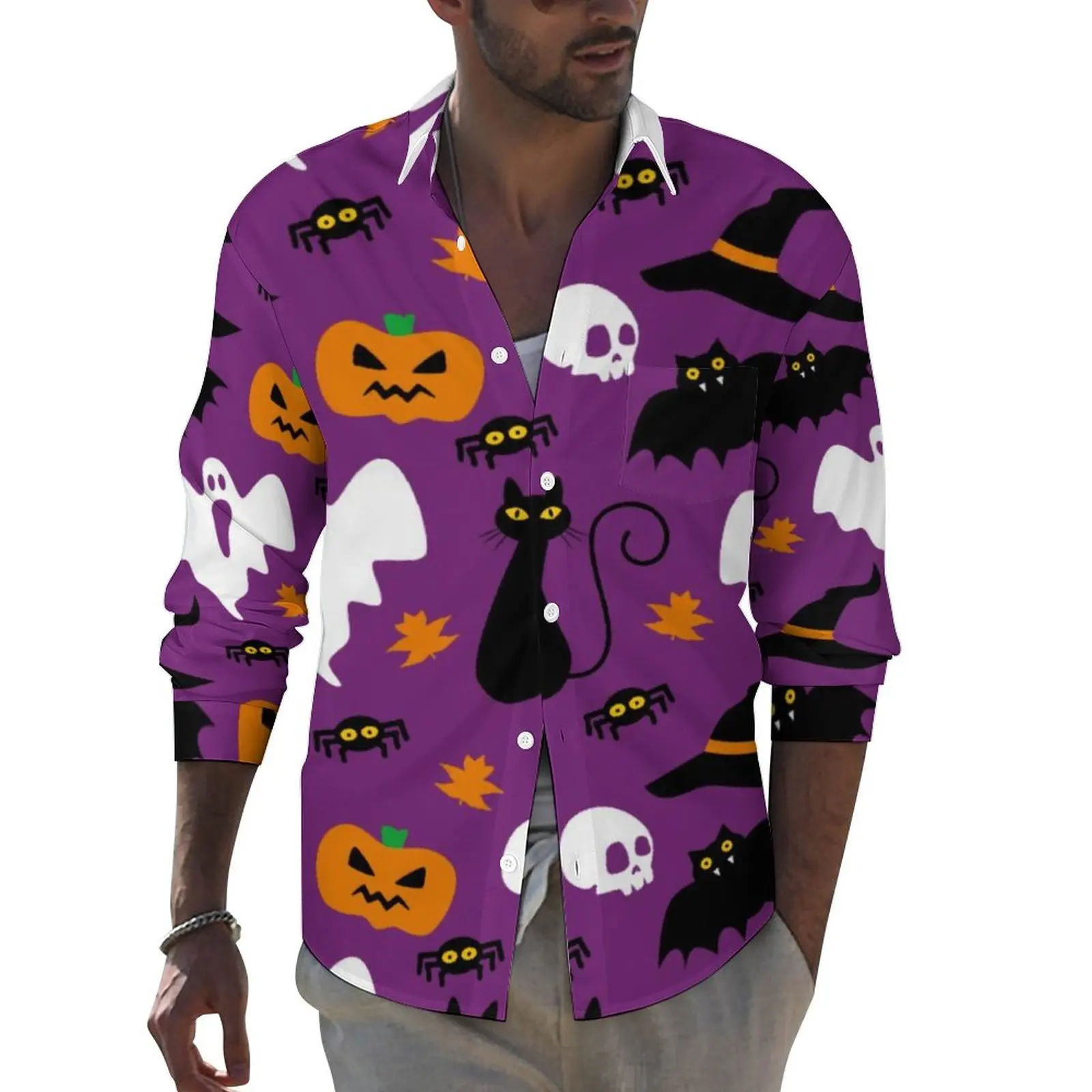 

Милые повседневные рубашки на Хэллоуин, мужская рубашка с принтом Призрака и черепа, модные эстетические блузки с длинным рукавом, Осенний ...