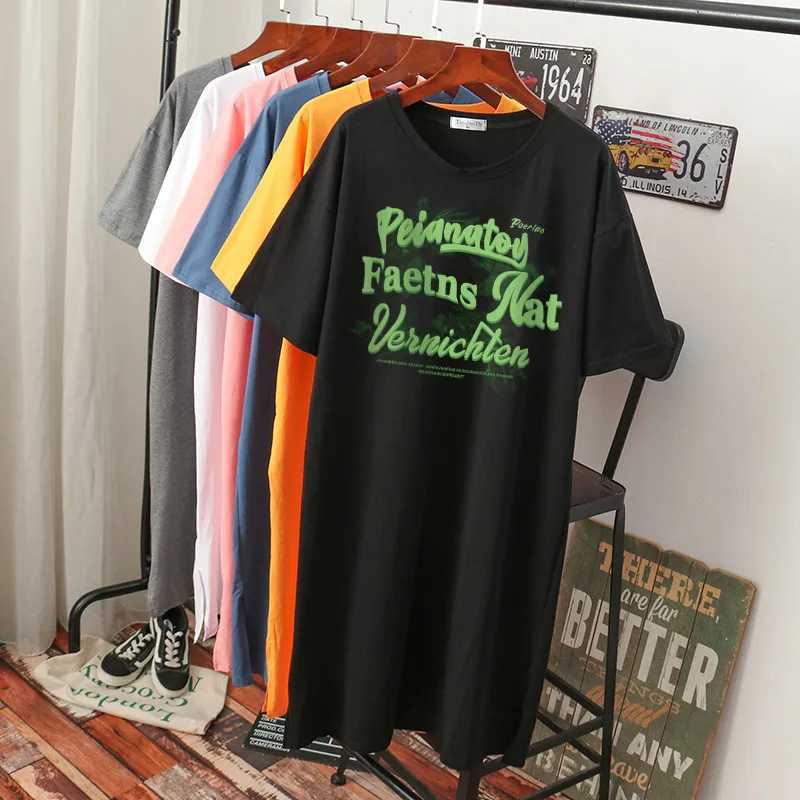 

EBAIHUI 100% Cotton L-3XL T Shirt Dress Long Letter Print Tshirt Short Sleeve Women Top 2022 Summer Fashion Oversized T Shirts