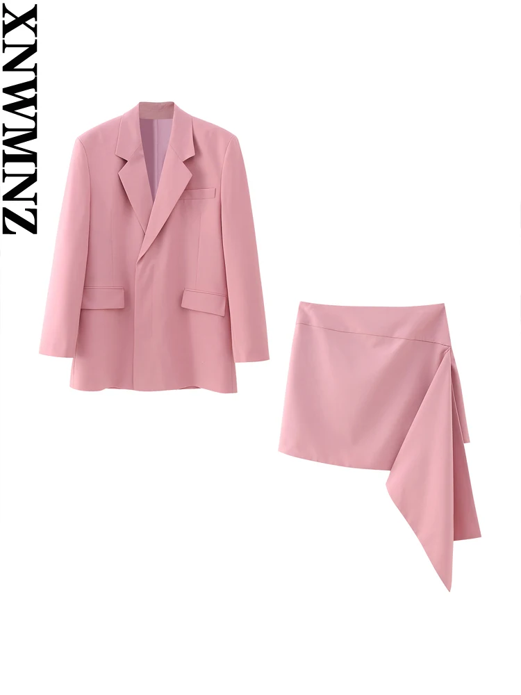 

XNWMNZ 2023 Women Oversize double-breasted blazer or high-waisted asymmetrical hem mini skirt female chic two-piece set