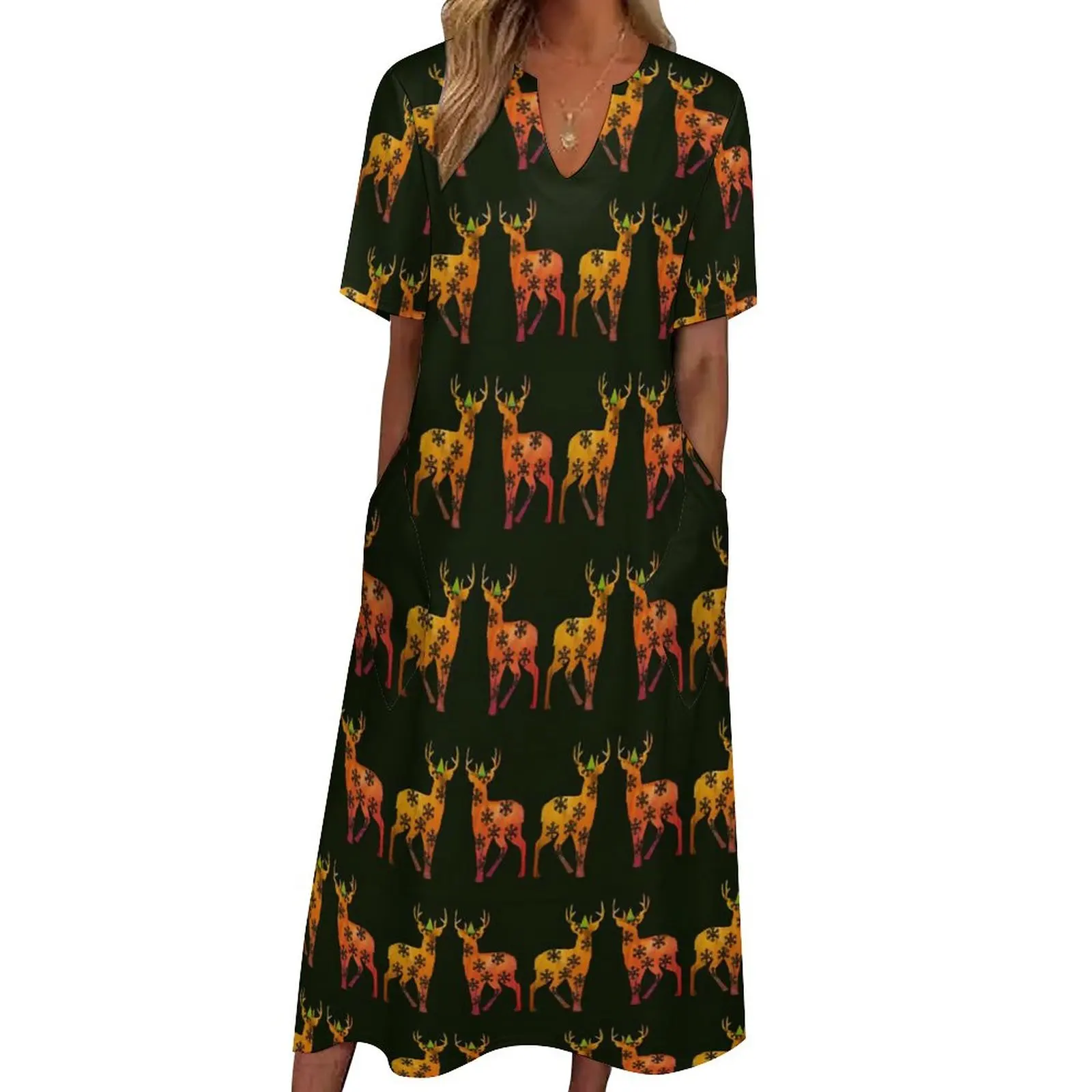 

Cute Deer Print Dress Summer Merry Christmas Streetwear Casual Long Dresses Ladies Trendy Maxi Dress Birthday Gift