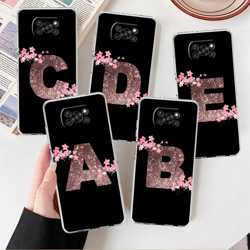 

Clear Case For Xiaomi Mi Poco X3 NFC M3 Pro F3 F1 11 Lite 12 Note 10 11T 9T Pocophone F1 Phone Cover Flower Letter Pink Fashion