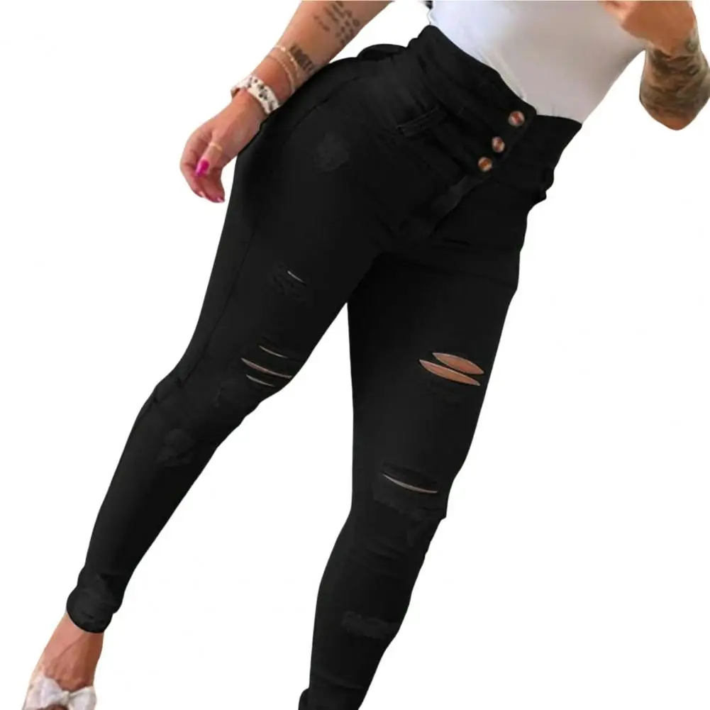 

Skinny Women Jeans Pockets Single Breasted Buttons Fly Distressed Ripped Hole High Waist Denim Pencil Pants Women Streetwear