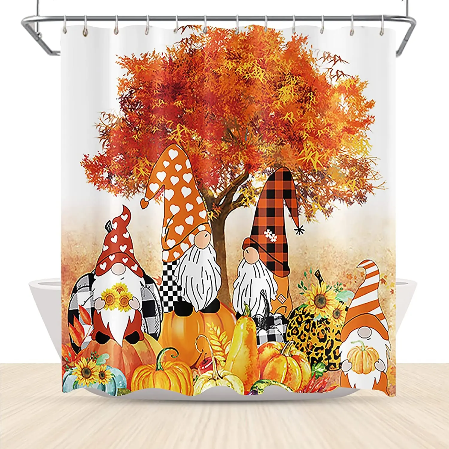 

Autumn Harvest Shower Curtain Cute Gnomes Fall Tree with Thanksgiving Sunflowers Pumpkins Shower Curtain with Hooks 72x72 Inch