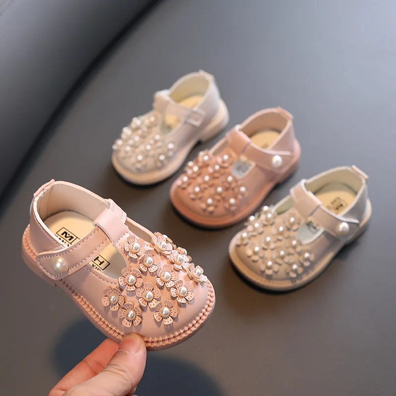 

Girl Shoes Basic Mary Janes Kids Shoes Flroal Baby Toddlers Anti-Slippery Casual Shoes for Child Leather Shoes Pink White F06202