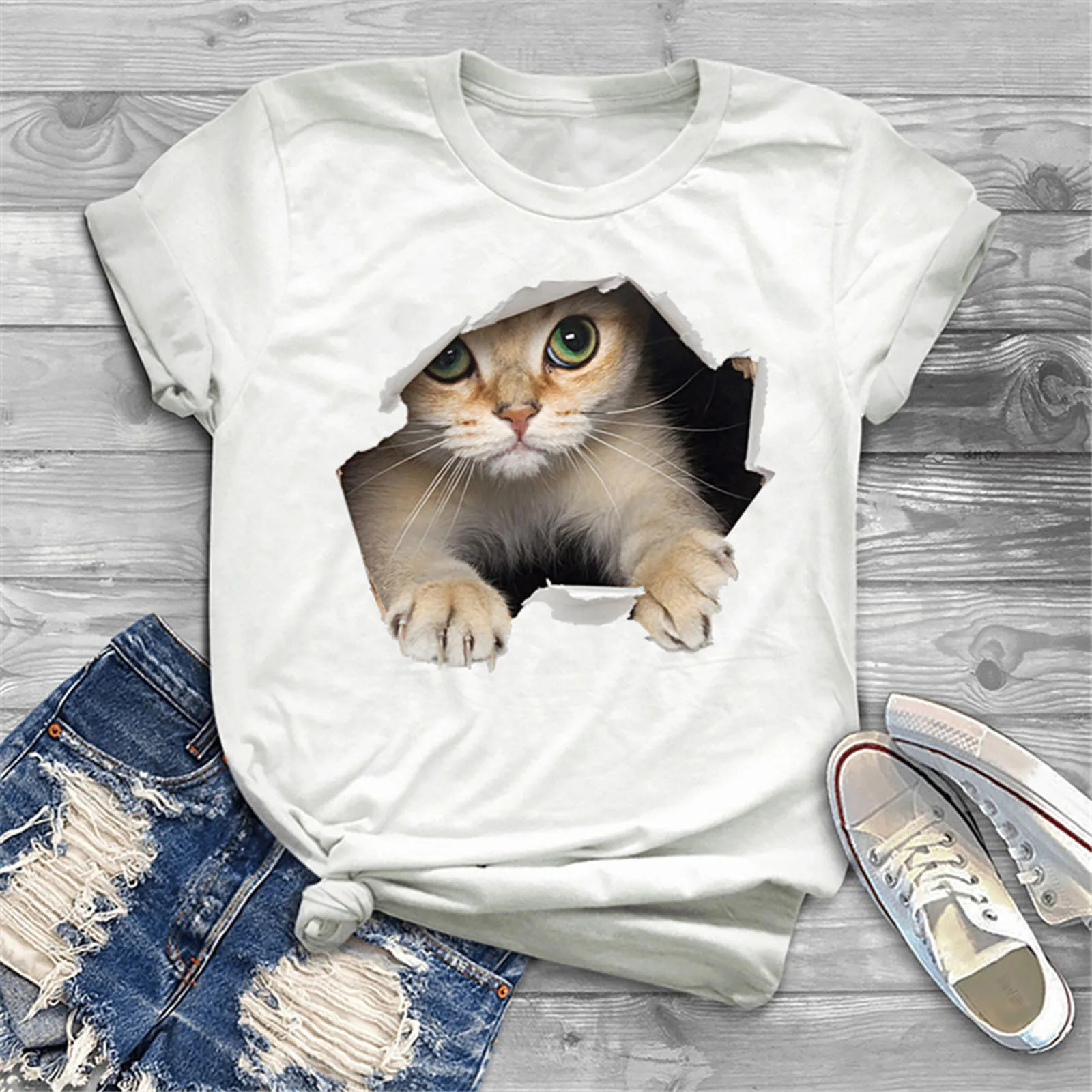 

Women's Short Sleeve T-shirt 3d Cat Print Striped Casual Top Women Clothes