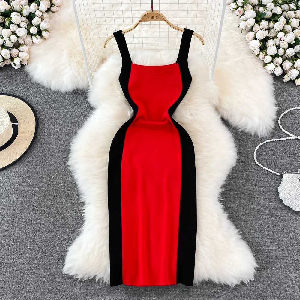 

Light Familiar Style Temperament Sexy Suspender Dress Contrast Color Knitted Elastic Tight Thin Bottomed Buttock Dress Summer