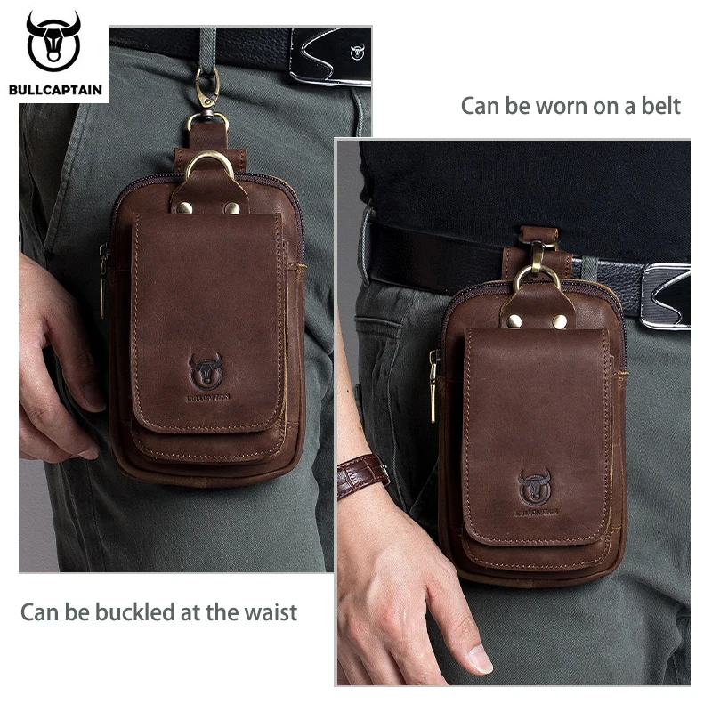 BULLCAPTAIN first layer cowhide men's wear-resistant multi-functional wear belt mobile phone pockets flip magnetic buckle bag