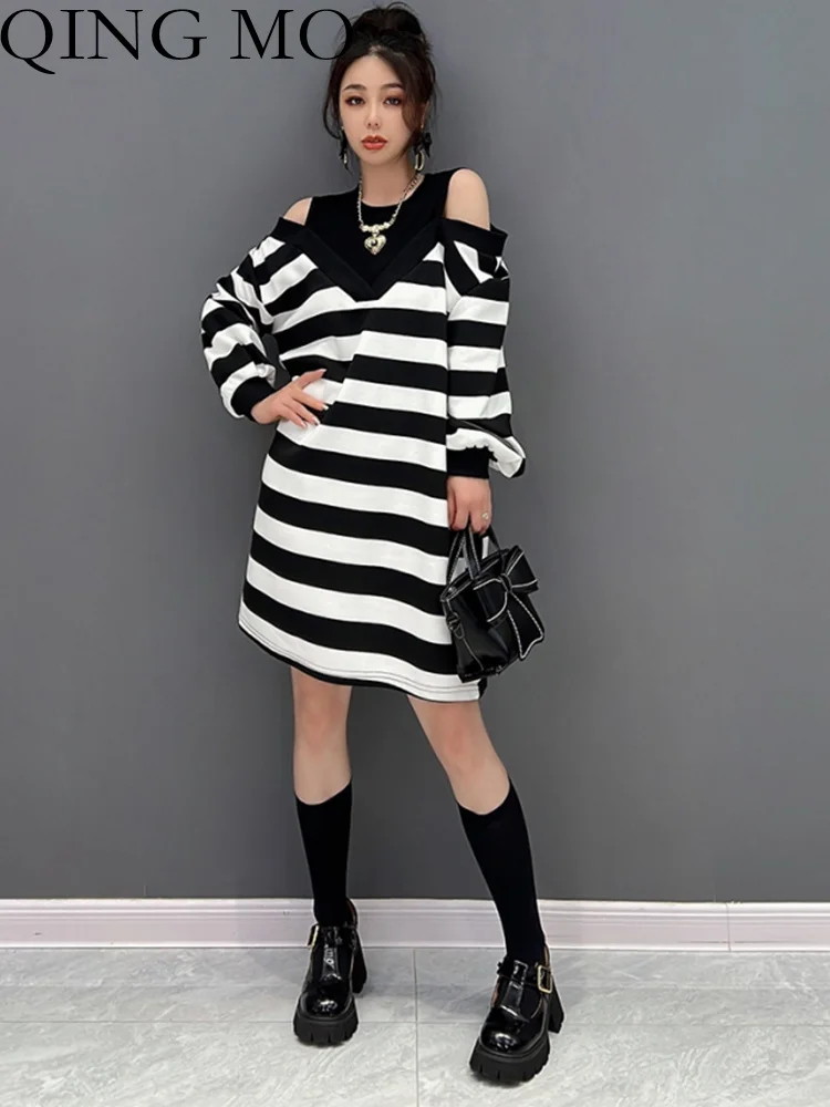 

QING MO 2023 Spring Autumn New Korean Version Fashion Fake Two Stripe Dresses Show Thin Age Reducing Women ZXF416