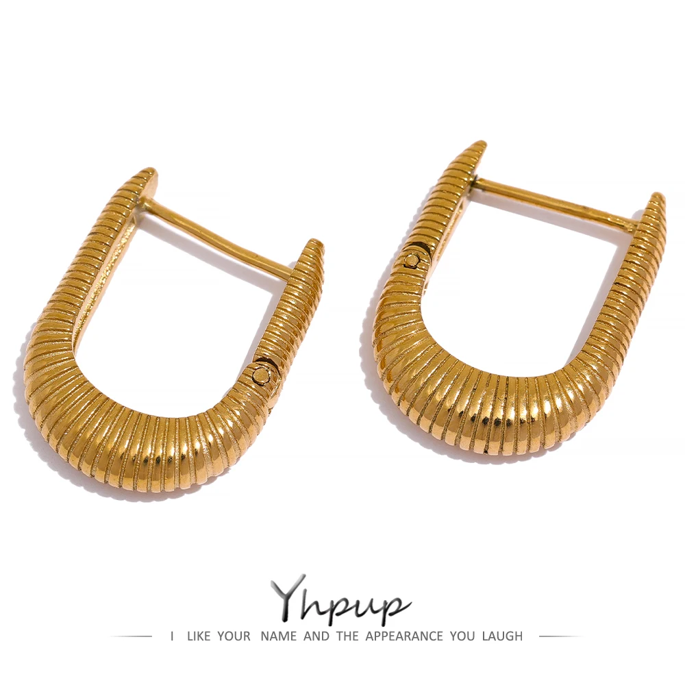 

Yhpup U Shape Geometric Hoop Earrings for Women Textured Stainless Steel Gold Oval Fashion Occident Earrings Female Ear Jewelry
