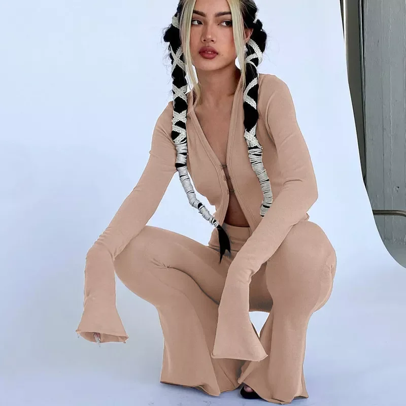 

Sexy Black Buttons V Neck Long Sleeve Crop Top And Skinny Flare Pants Suits 2 Two Piece Sets Women Tracksuit Matching Set