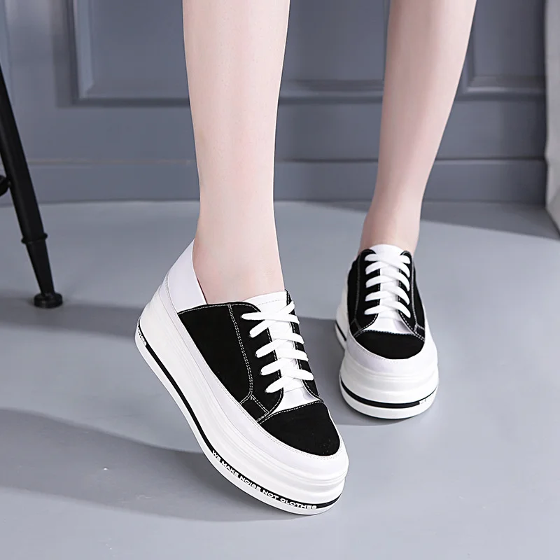 

2023 Genuine Leather Women Platform Height Increasing Sneakers Casual Ladies invisible high heeled Chunky shoes lace up trainers