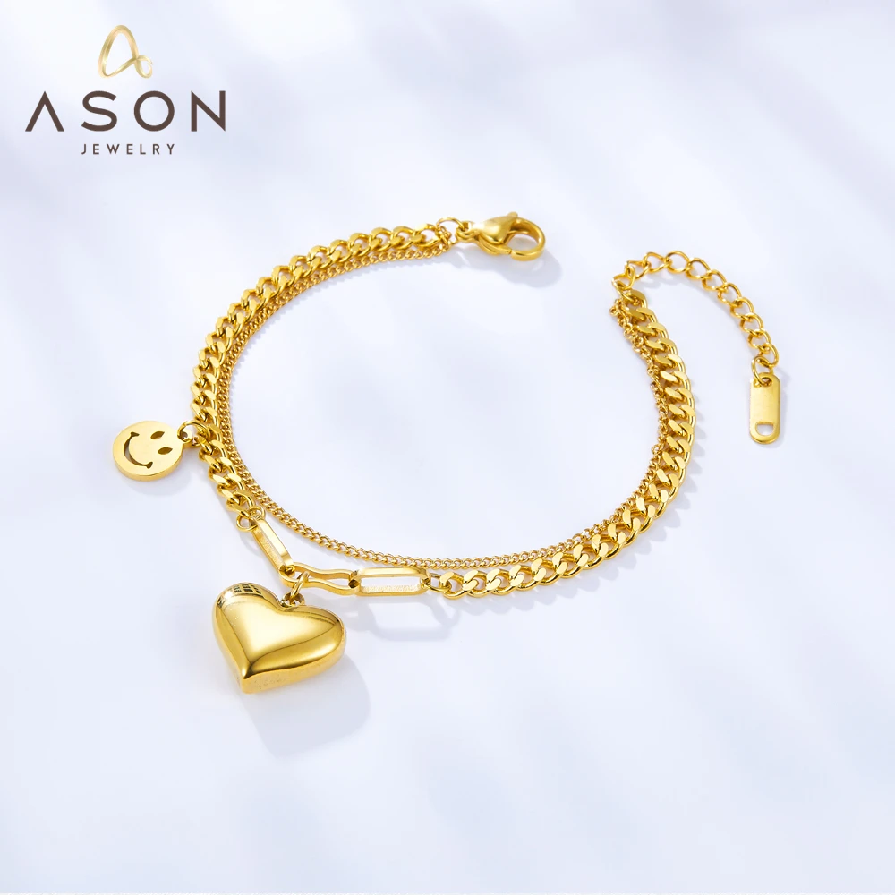 

ASONSTEEL Gold Color Stainless Steel Heart Smile Face Shape Accessories Mutil Layer Chains Bracelets For Women Jewlery Daily