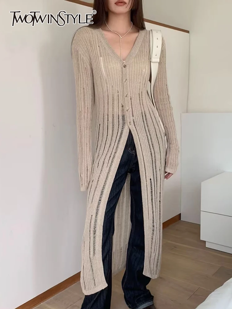 

TWOTWINSTYLE Solid Slimming Knitting Sweaters For Women V Neck Long Sleeve High Waist Spliced Button Casual Sweater Female New