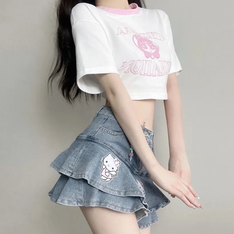 

Kawaii Sanrio летняя юбка для торта, короткая юбка Y2k, сексуальная джинсовая юбка Kt Cat, милый стиль, для девушек, двойная кружевная трапециевидная юбка, подарок для девушек