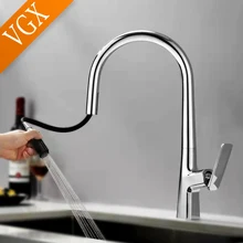 VGX Pull Out Kitchen Sink Faucet Stream Sprayer Gourmet Kitchen Faucets Rotatable Basin Mixer Tap Hot Cold Crane Brass Black
