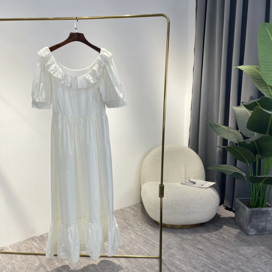 

2023 Latest Top Quality Summer White Hook Flower Hollow Ruffle O-neck High Waist Loose Causal Long Midi Dress Women