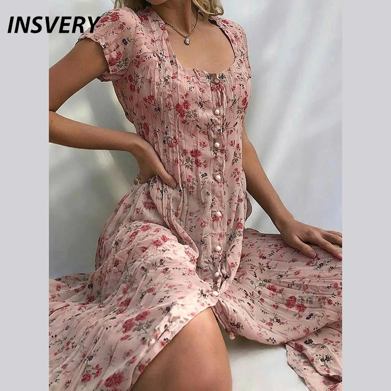 

Summer Dresses For Women Elegant Button Bohemia Flower Print Dress Women Short Sleeve Beach Party Dress 2022