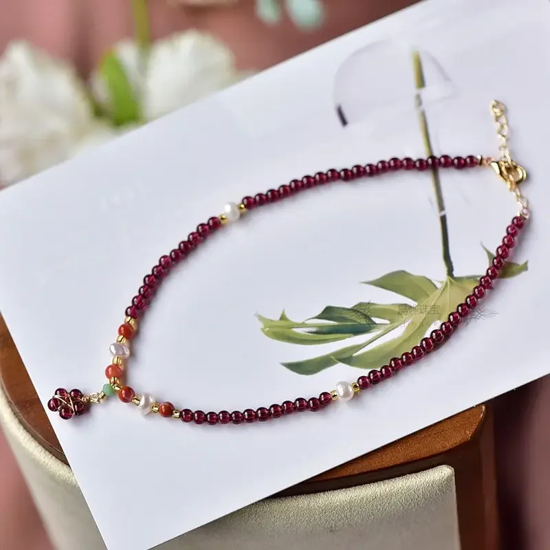 Натуральный винно-красный гранат женский браслет Ins Niche Design студенческий год на