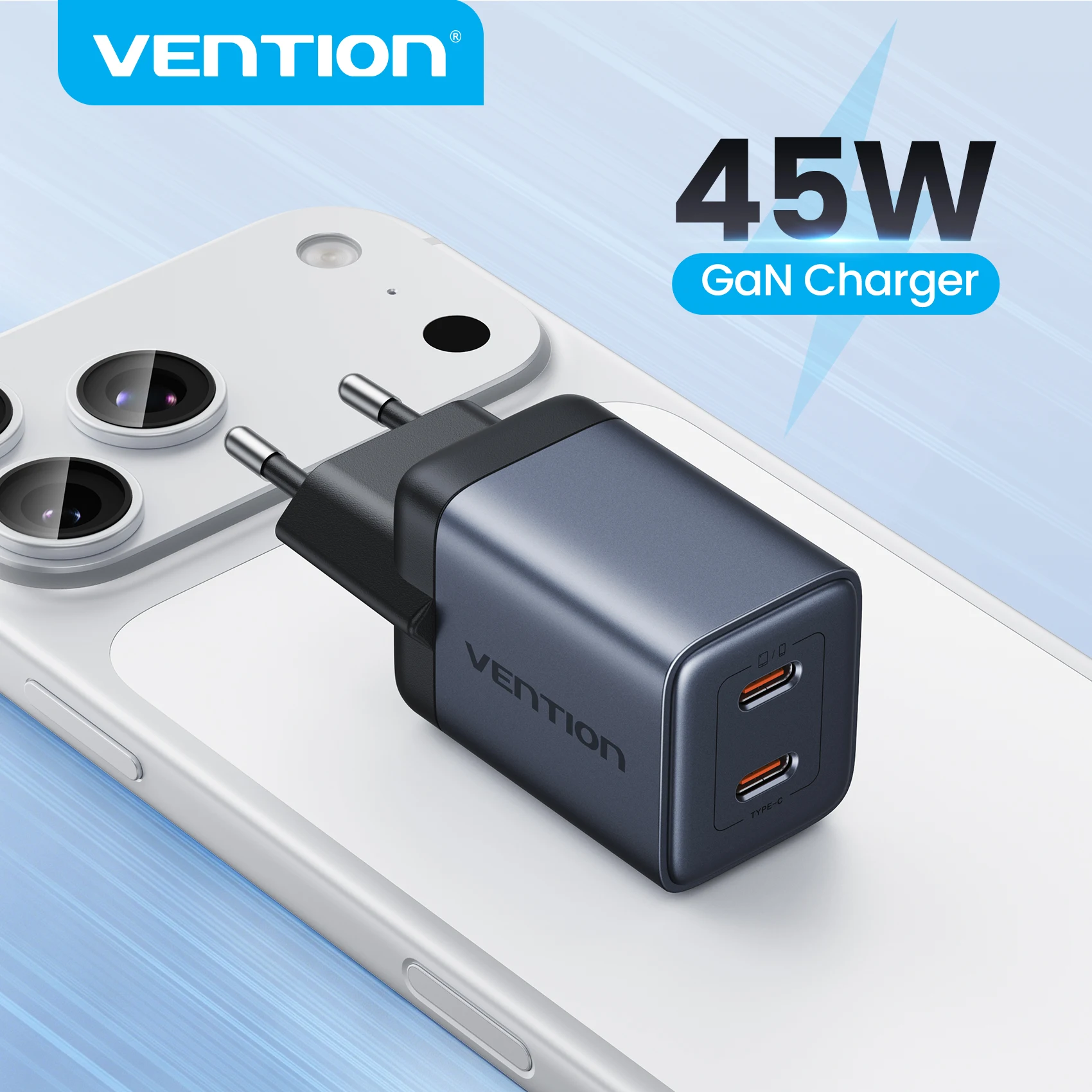 Фото Зарядное устройство Vention 45W GaN с быстрой зарядкой USB-C PD3.0 Type-C для iPhone 16 15 14, Samsung S24, Xiaomi 13, портативное дорожное зарядное устройство №1
