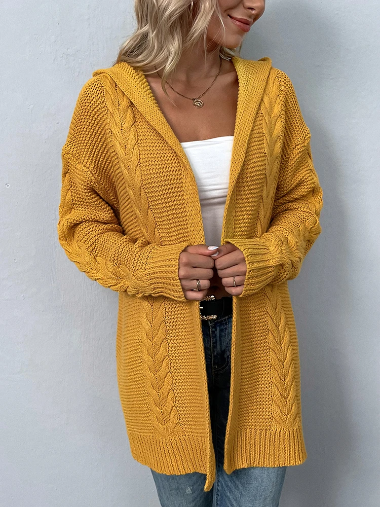 

Fitshinling Fashion Vintage Twist Sweater Cardigan Women Winter Clothes With Hooded 2022 Slim Long Jacket Knitwear Coat Female