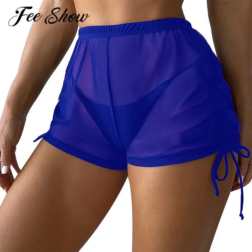 

Women Sexy See-through Mesh Swimming Shorts Cover Ups Solid Color High Waist Side Drawstring Shorts Bathing Swimming Beachwear