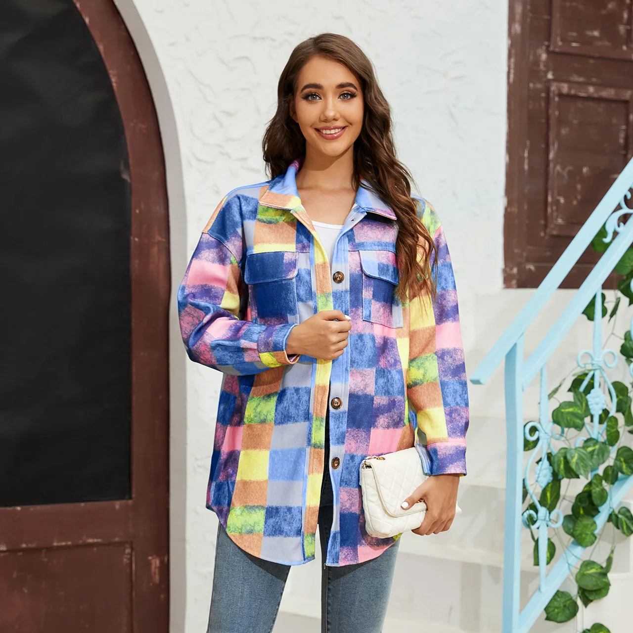 

2023 Autumn Winter New Vintage Casual Warm Colorful Jacket Fashion Women Single Breasted Lapel Plaid Print Long Sleeved Jacket