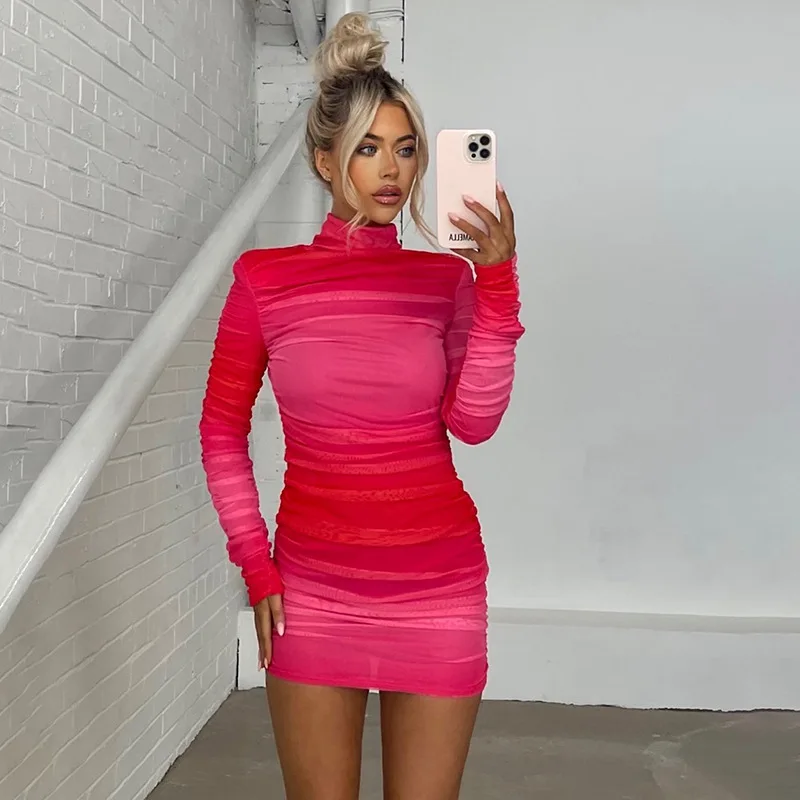 

Long Sleeve Ruched Bodycon Dress Women Turtleneck Bandage Mini Dresses Sexy Spice Girl Wrinkle Mesh Stitching Tight Hip Dress