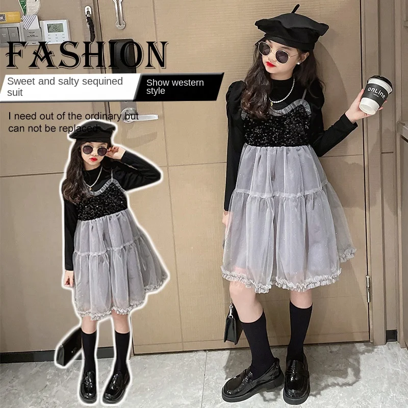 

Girls' autumn suit 2022 new style children's long-sleeved foreign style] suspender skirt fashion two-piece set