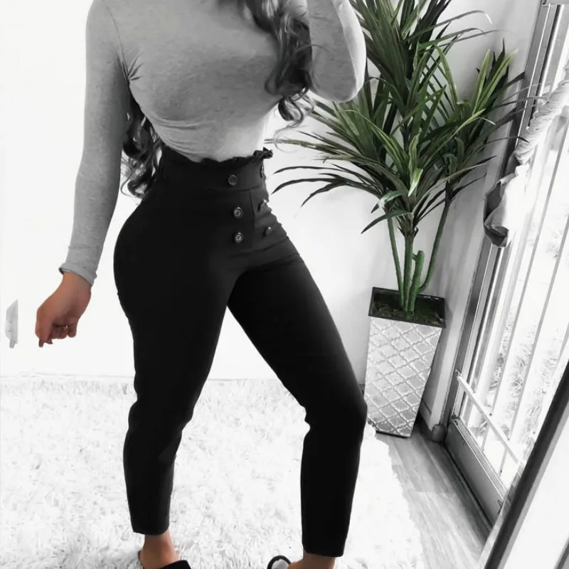 

2023 Autumn and Winter Women's New Fashion Button Solid Tight Leggings Ladies Fashion Leather High Waist Pencil Ankle Trousers