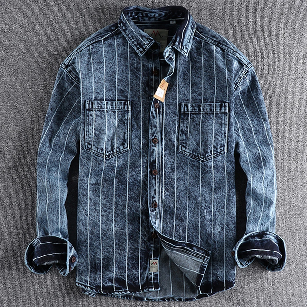 European Fashion Big and Tall Mans Jeans Shirt Spring Summer Men's Stripe Shirt Denim Travel Street Shirts Brand Mans Clothing