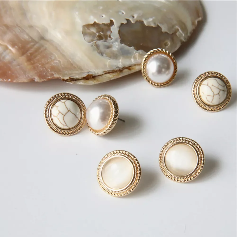 

Vintage Round Marble Opal Stone Big Stud Earrings Women Fashion Temperament Gold Ear Stud Circle Pearls Stone Jewelry