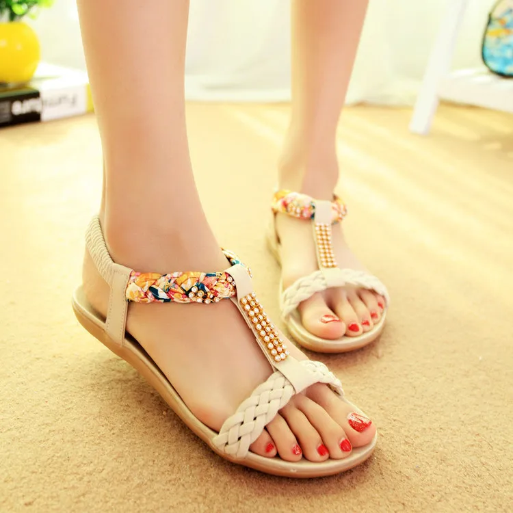 

New Women Sandals Summer Flat Heel Bohemian Sandals Rhinestone Mixed Color Ladies Elastic Band Open Toes Beach Shoes