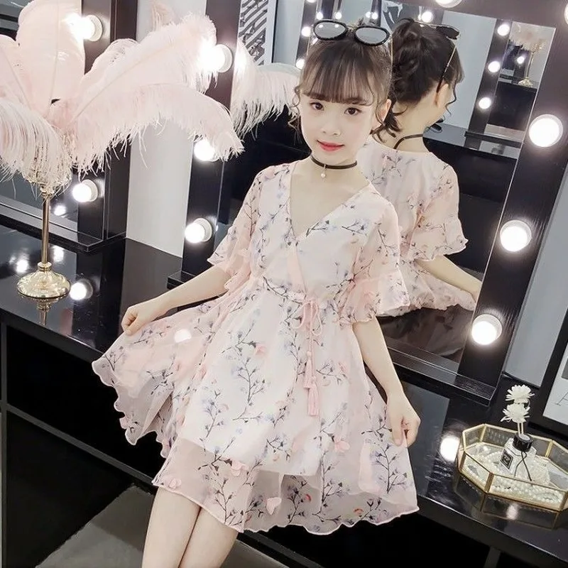 

Dress Girl Summer New Clothing Princess Birthday Party Dresses Chiffon V-neck Double Print Tight-waist Dress Kids Girl Dress