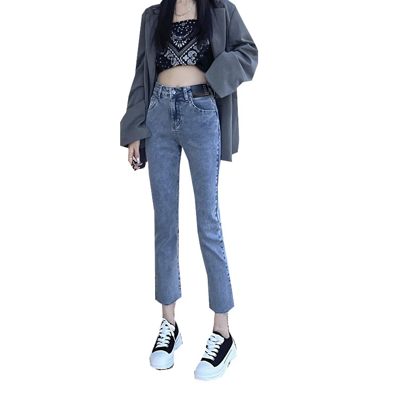 

New Fashion High Waist Jeans Women's Spring Elastic Loose Thin Pants Korean Style Straight Nine Points Jeans