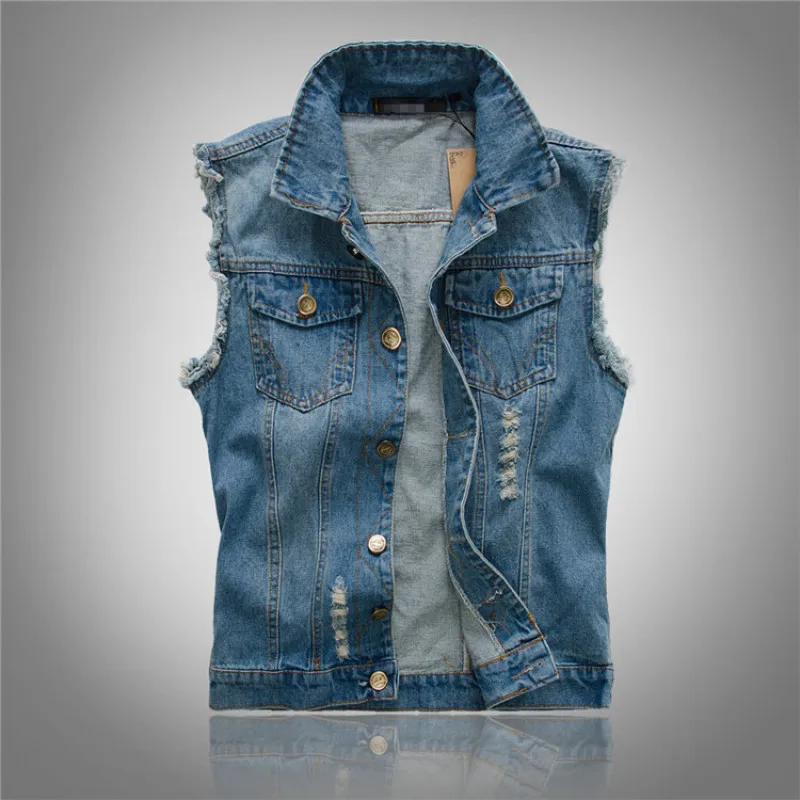 

Men's Denim Vest Male Slim Fit Scratched Holes Distressed Fringe Frayed Jackets Man Holes Tassel Waistcoat Plus Size 6XL