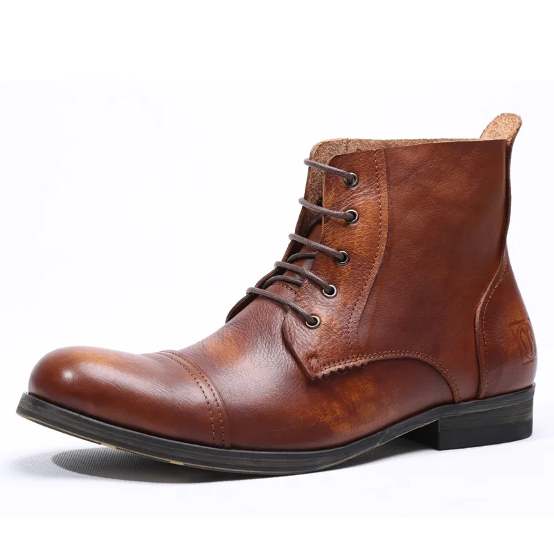 

Men Round Toe Boots Cowboy Boots Botas Sapato Masculino Hombre Genuine Leather British Style Retro Brogue boots Lace-Up Shoes