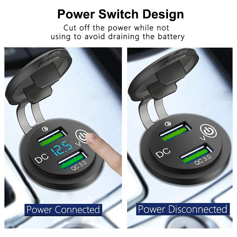 

USB Car Charger Socket Dual QC3.0 Port Quick Charge 12V/24V Car Adaptor With LED Digital Voltmeter Touch Switch