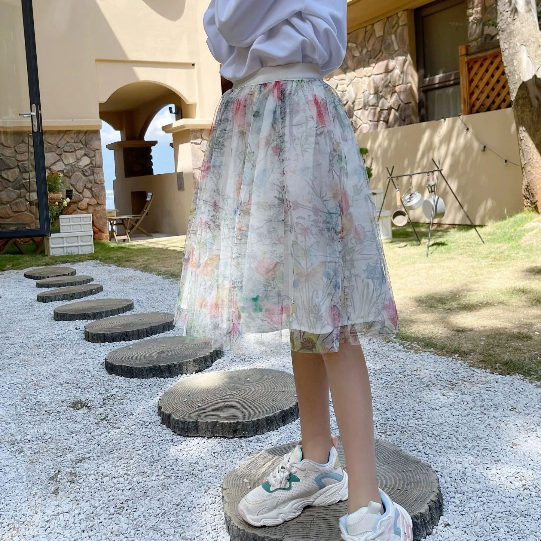 

Autumn Girls Printed Mesh Skirt Custom Floral Pattern Skirt