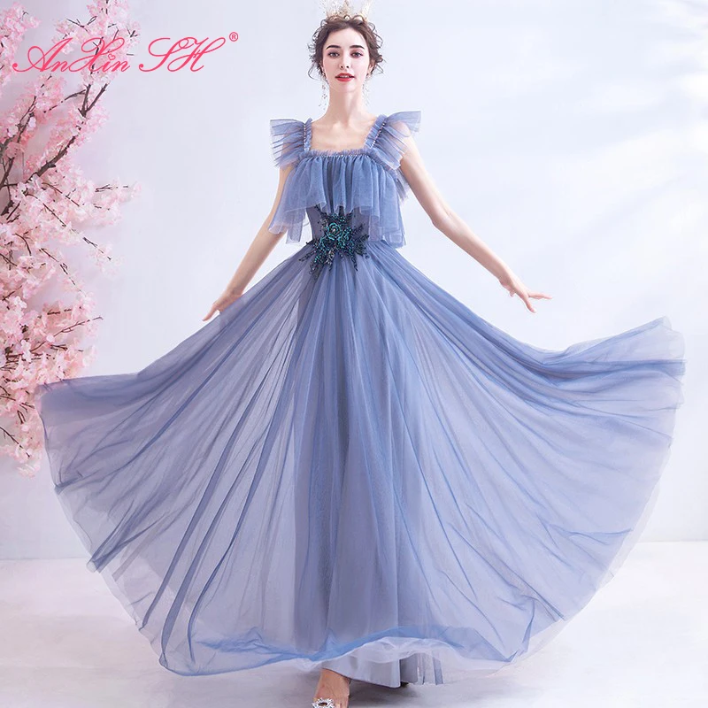 

AnXin SH принцесса синее блестящее цветочное Кружевное Вечернее Платье женское винтажное милое платье с оборками рукавом ТРАПЕЦИЕВИДНОЕ вечернее платье 901