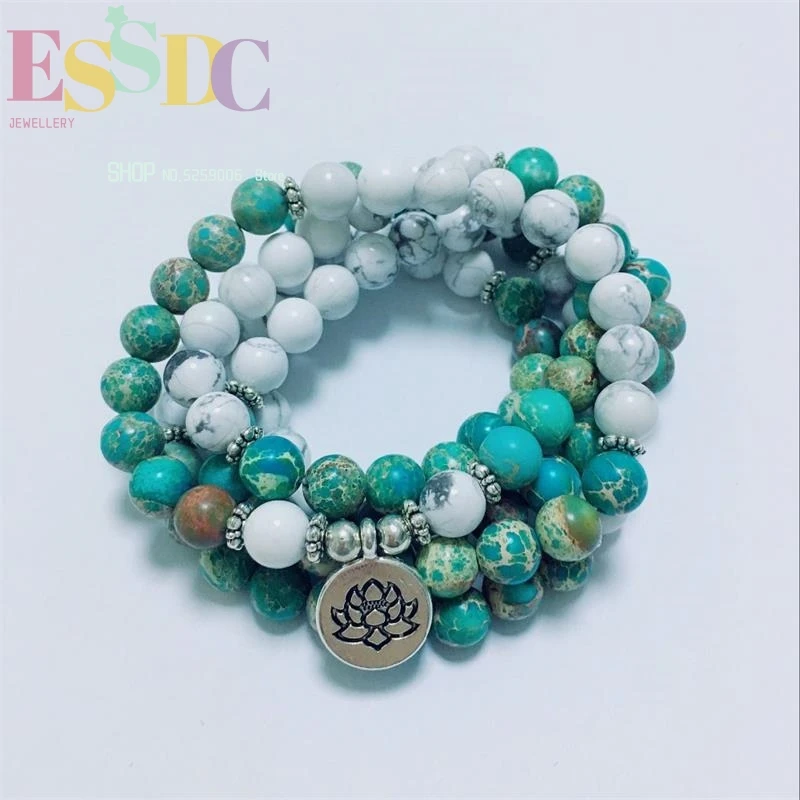 

ESSDCW New Arrival 8mm Natural Howlite Imperial Stone 108 Beads Mala Bracelet High Quality Lotus Charm Women Necklace