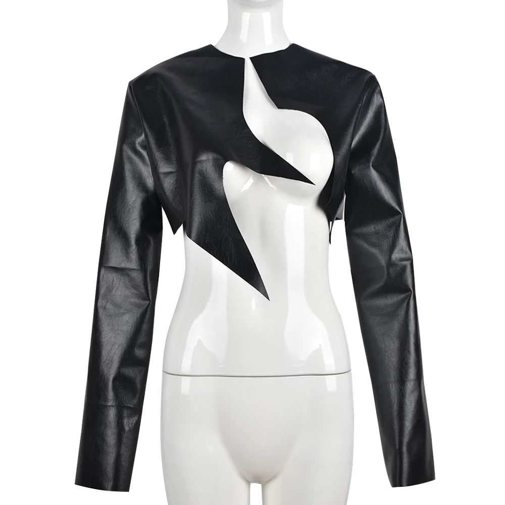 Женская короткая куртка из ПУ кожи с длинным рукавом