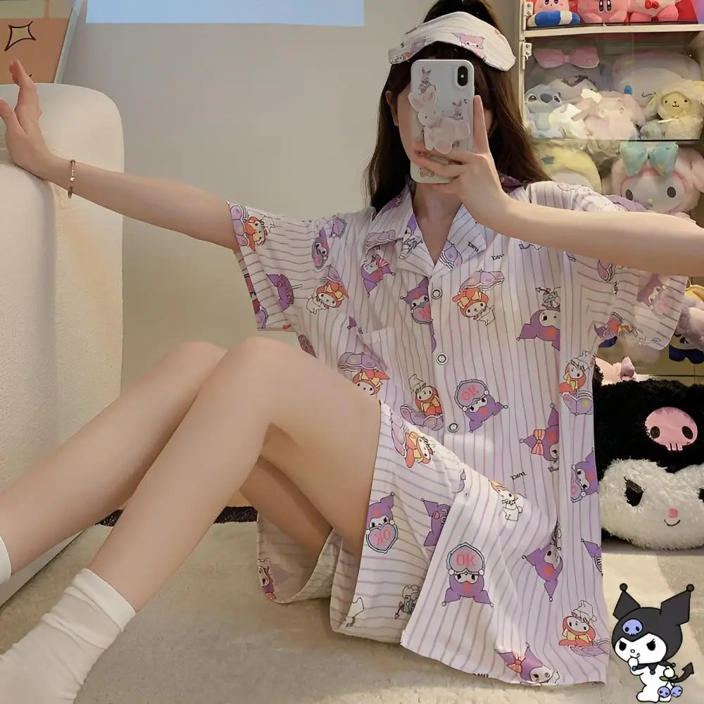 

Kawaii Sanrios Kuromi Cinnamoroll Nightdress Cute Sweet Giris Summer Printing Thin Style Short Sleeve Homewear Three Piece Set