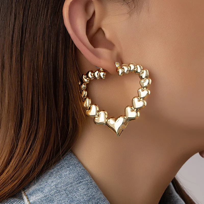 

SRCOI Hip Hop Multi Heart Chunky Bamboo Hoop Earrings French Exaggerated Large Love Earrings Female Valentine's Hoops Wholesale