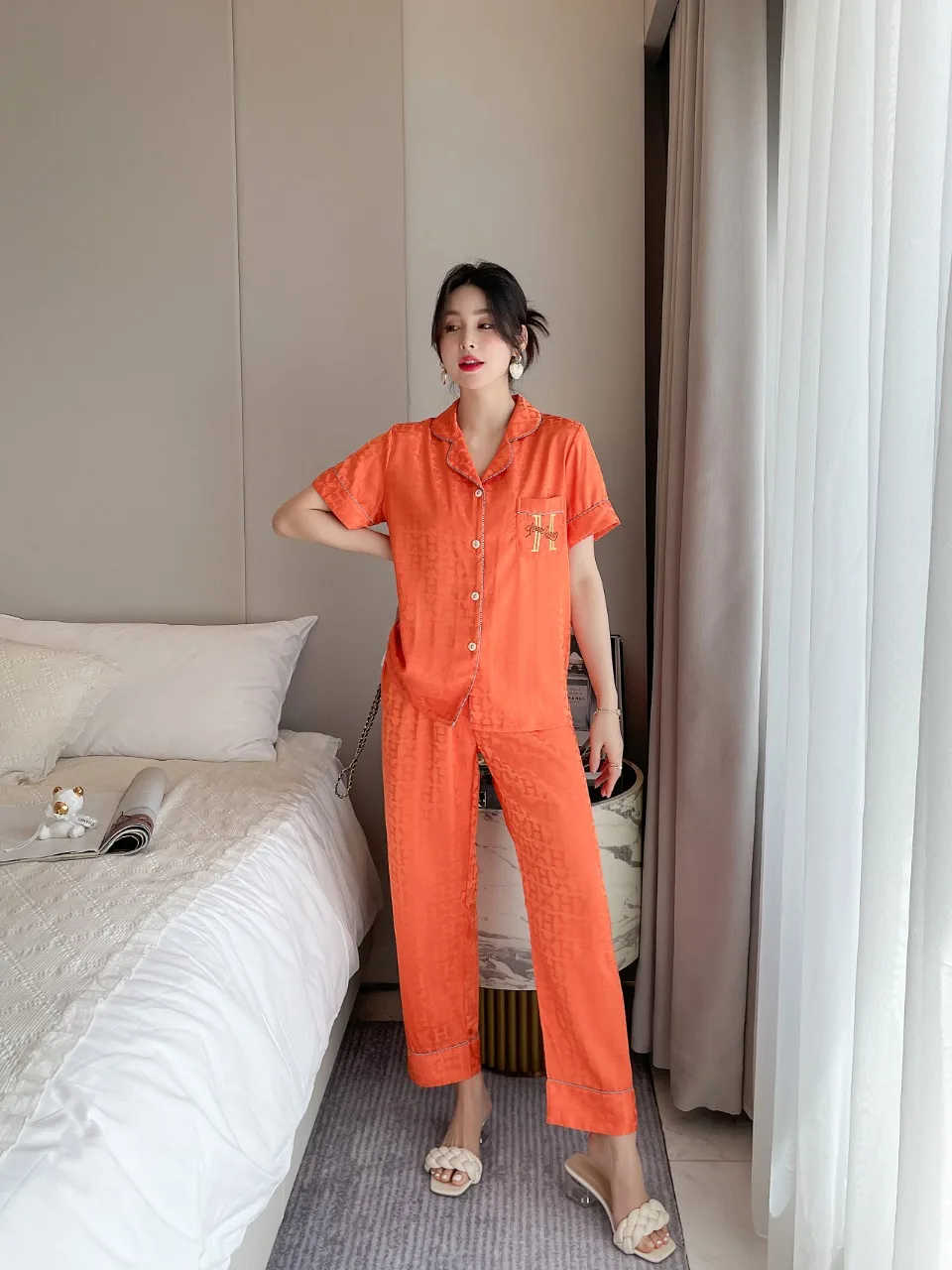 [Women's pajamas] [high-quality]2023 New Pajamas Women's Summer Short Sleeve Long Pants Jacquard Set Large Homewear
