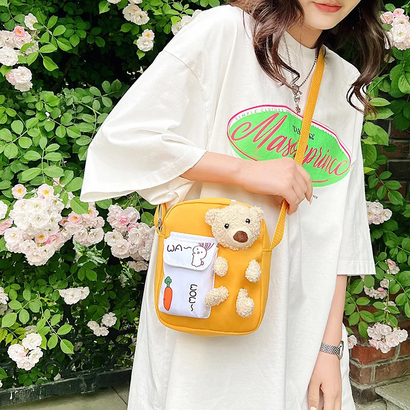 

Canvas Shoulder Bag Women's Purse Small Fashion Messenger Crossbody Bag For Girl Students Cute Bear Female Mobile Phone Handbags