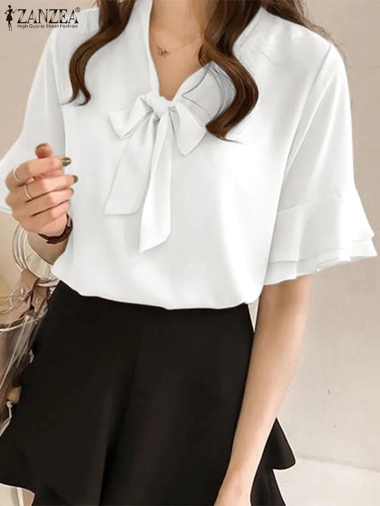 

ZANZEA Women Flounce Blouse Summer Elegant Lace Up Work Shirt Female Solid Loose Short Sleeve Chiffon Tops Fashion Party Blusas