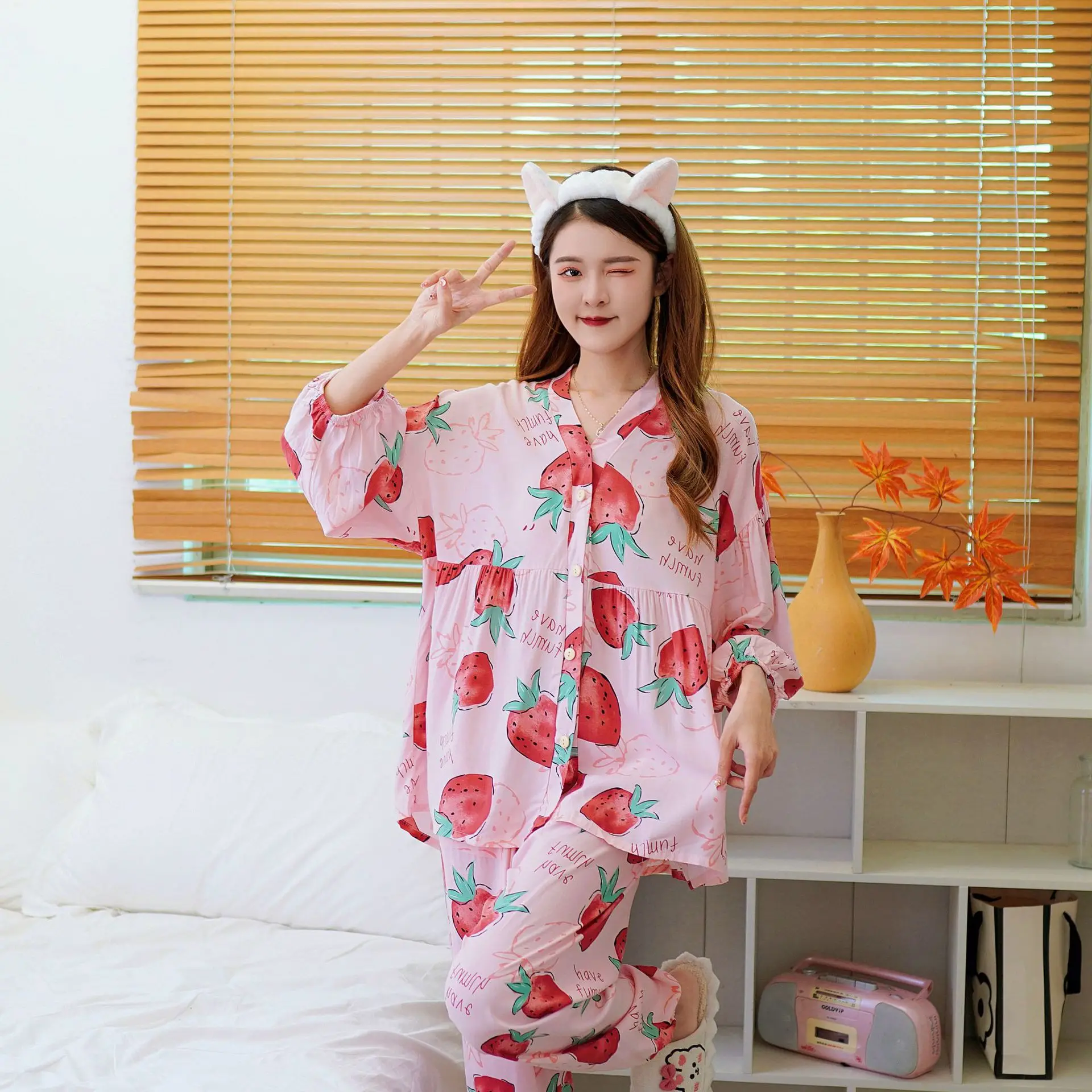 2023 Long Sleeve Pants 2 Piece Set Women Suits Ladies Spring High Waist Stright Pajamas kawaii Oversized big 2xl Female Pink