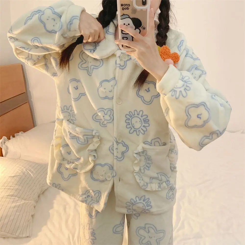 Yasuk Autumn Winter Cute Women's Casual Lovely Sweet Girl Warm Soft Sleepwear Loose Pajamas With Pants Cloud Velvet Simple