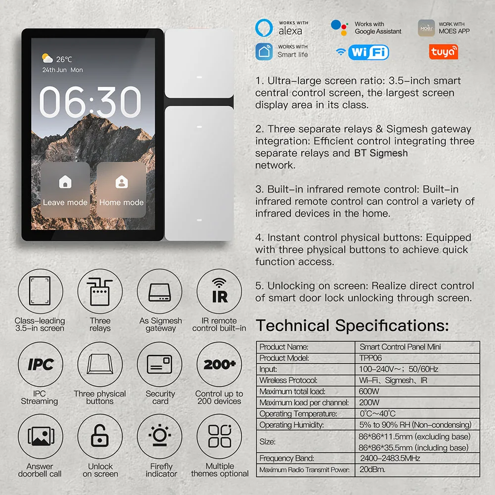 Wi-Fi для Tuya Smart Central Control 3 5-дюймовый многофункциональный сенсорный экран Панель