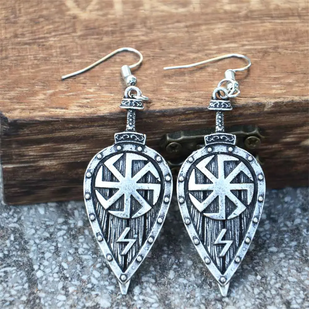 

Nostalgia 1 Pair Slavic Kolovrat Symbol Viking Rune Sowulo Sun Sword Shield Earrings For Men Women Accessories